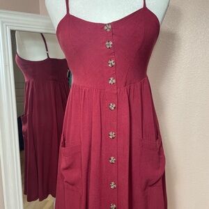 Good Luck Gem Wine Burgundy Button Front Midi Dress